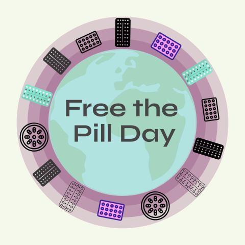 "Free the Pill" day written on on a globe encircled by packages of birth control 