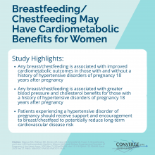 Breastfeeding/ Chestfeeding May Have Cardiometabolic Benefits for Women; Study Highlights: - Any breast/chestfeeding is associated with improved cardiometabolic outcomes in those with and without a history of hypertensive disorders of pregnancy 18 years after pregnancy    - Any breast/chestfeeding is associated with greater blood pressure and cholesterol benefits for those with a history of hypertensive disorders of pregnancy 18 years after pregnancy 